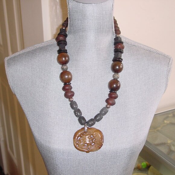 Chunky Boho Lava Stone Necklace with Carved Pendant - NWOT
